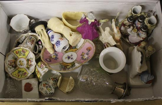 Mixed ceramics, silver top bottle and ivory figures